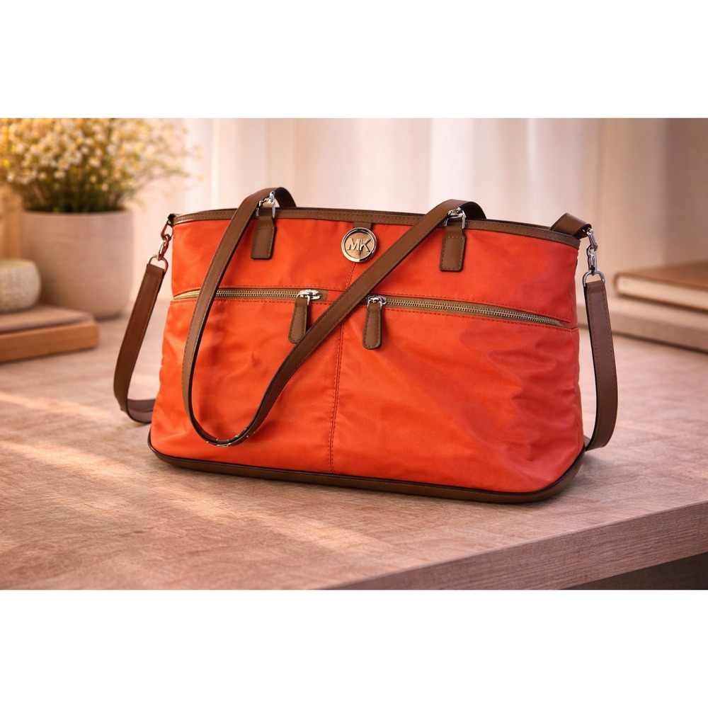 MICHAEL KORS Kempton Orange Nylon Tote 12x9 Leather Trim